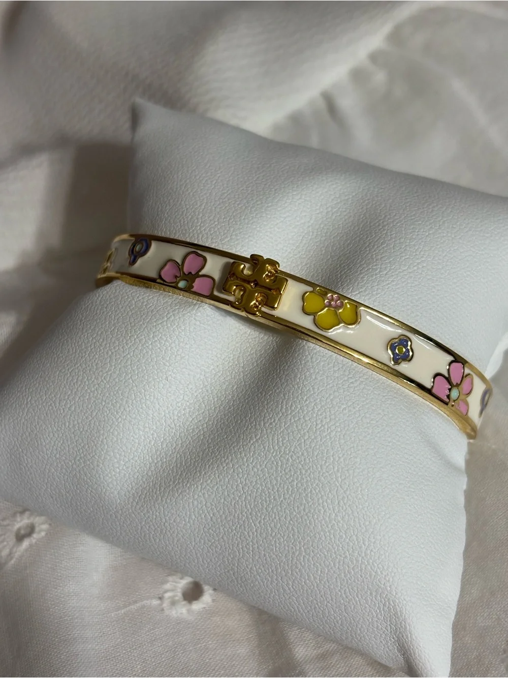 Tory Burch Cream Enamel Floral Logo Hinge Bangle Bracelet